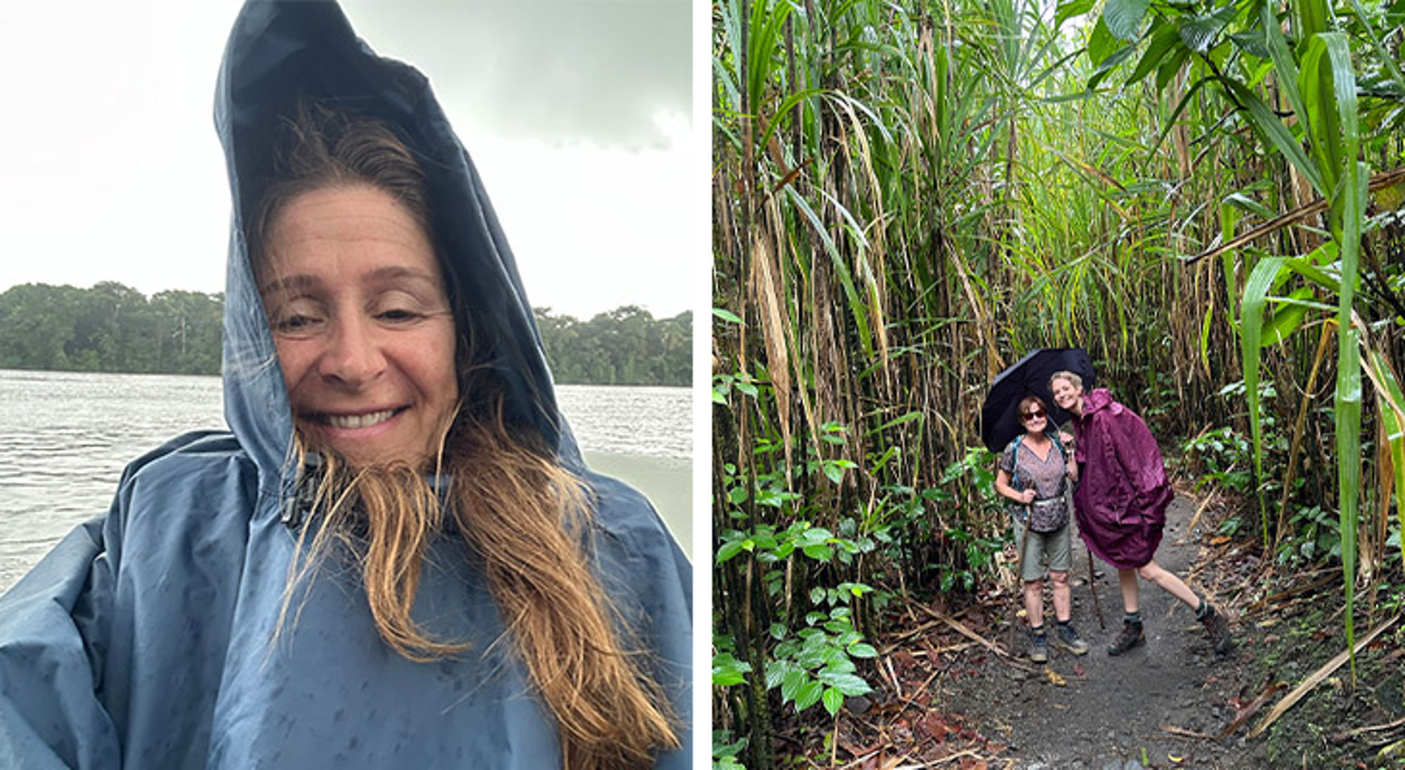 Costa Rica in het regenseizoen Reizigers in regenponcho tijdens een boottocht en een wandeling door tropisch regenwoud.