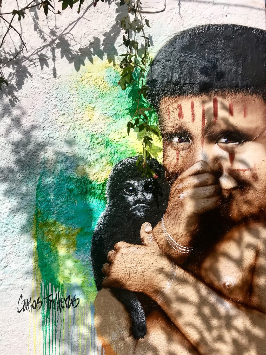 Muurschildering in Colombia van een jongen met een aap, tijdens familiereis Colombia.
