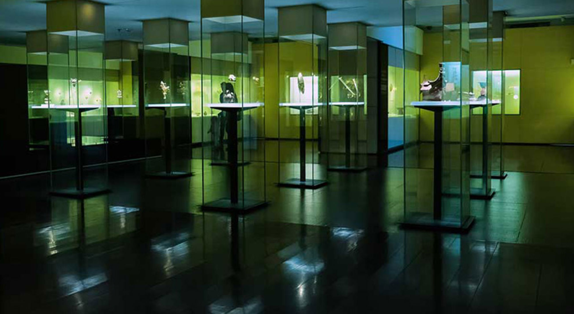 Moderne museumzaal met glazen vitrines en uitgestalde objecten, verlicht in groen en blauw.