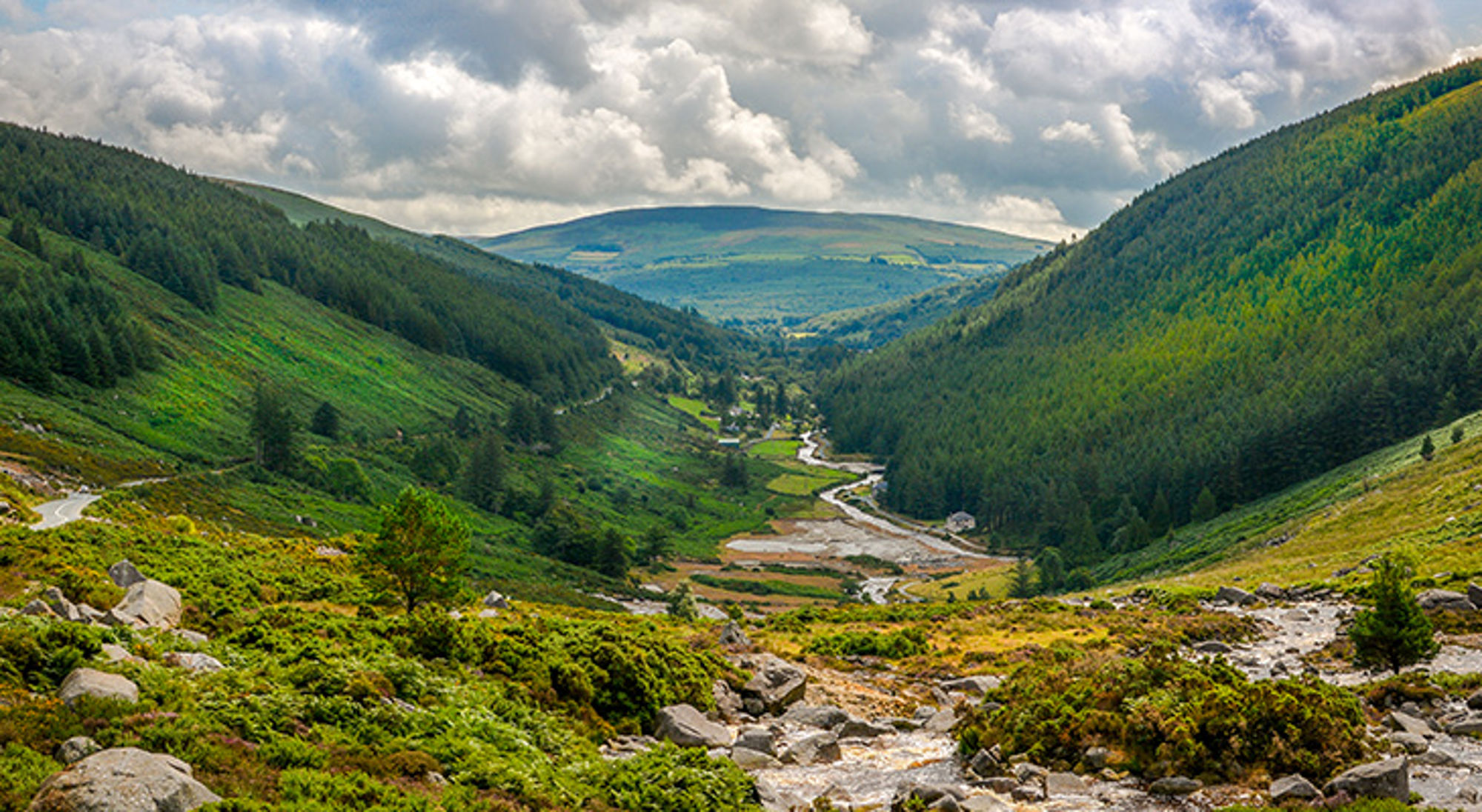 Wicklow Mountains, Glendalough, Ierland Groene bergvallei met kronkelende rivier en bosrijke hellingen onder een bewolkte lucht.
