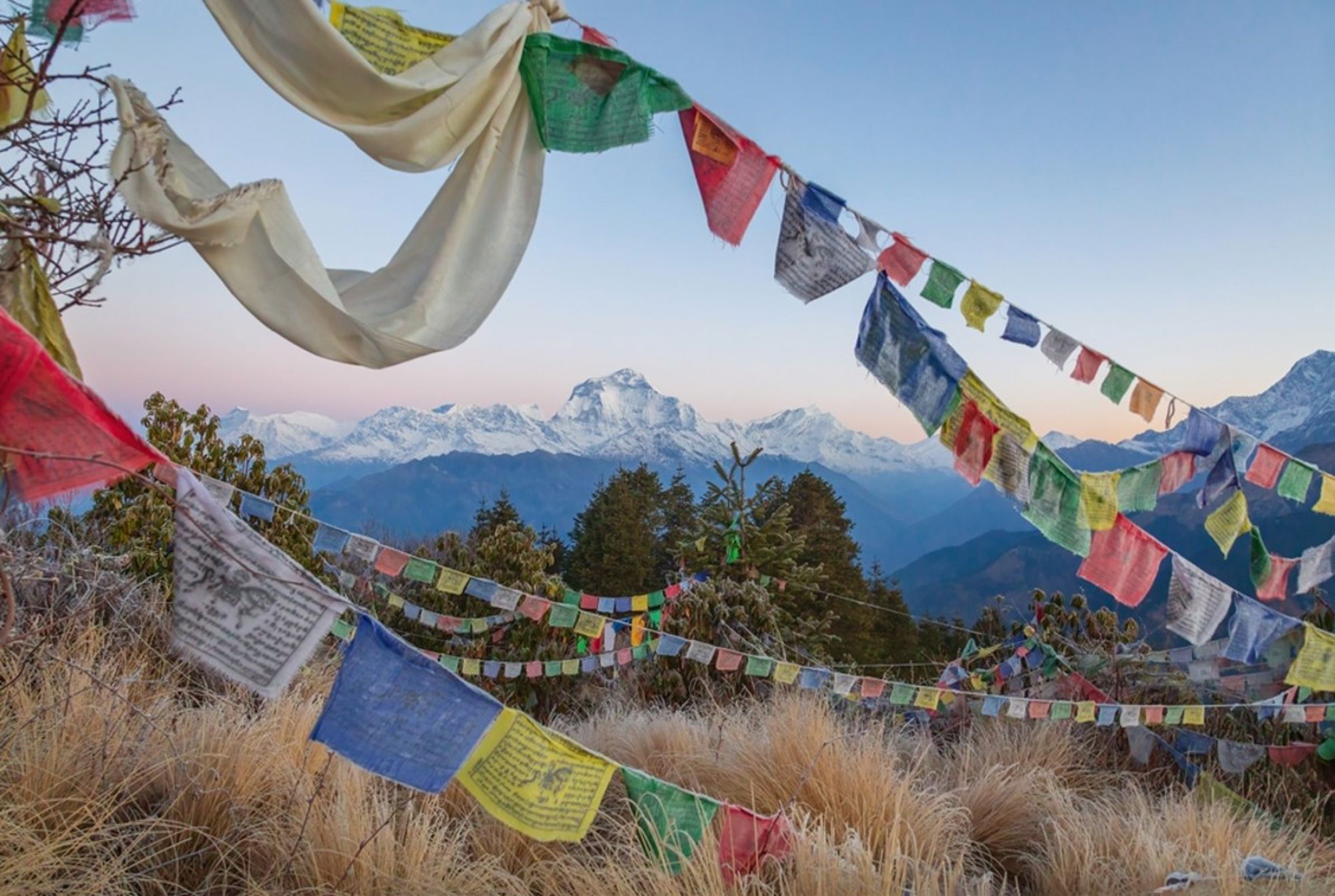Gekleurde gebedsvlaggen met uitzicht op besneeuwde Himalaya-bergen in Nepal.