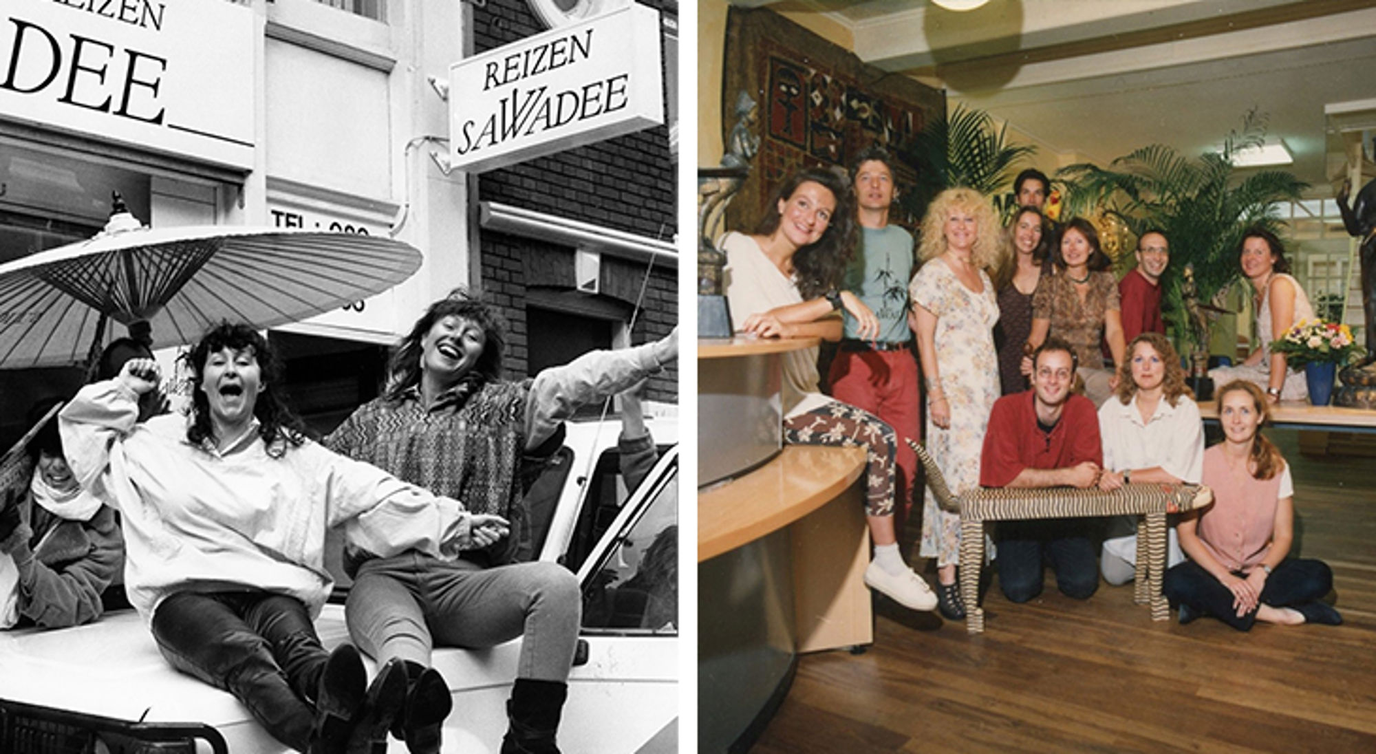 Sawadee kantoren Twee groepsfoto’s van het team van Reizen Sawadee bij het kantoor, buiten op de auto en binnen bij de balie.