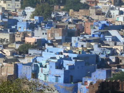 Uitzicht op de blauwe huizen van Jodhpur in Rajasthan, India.