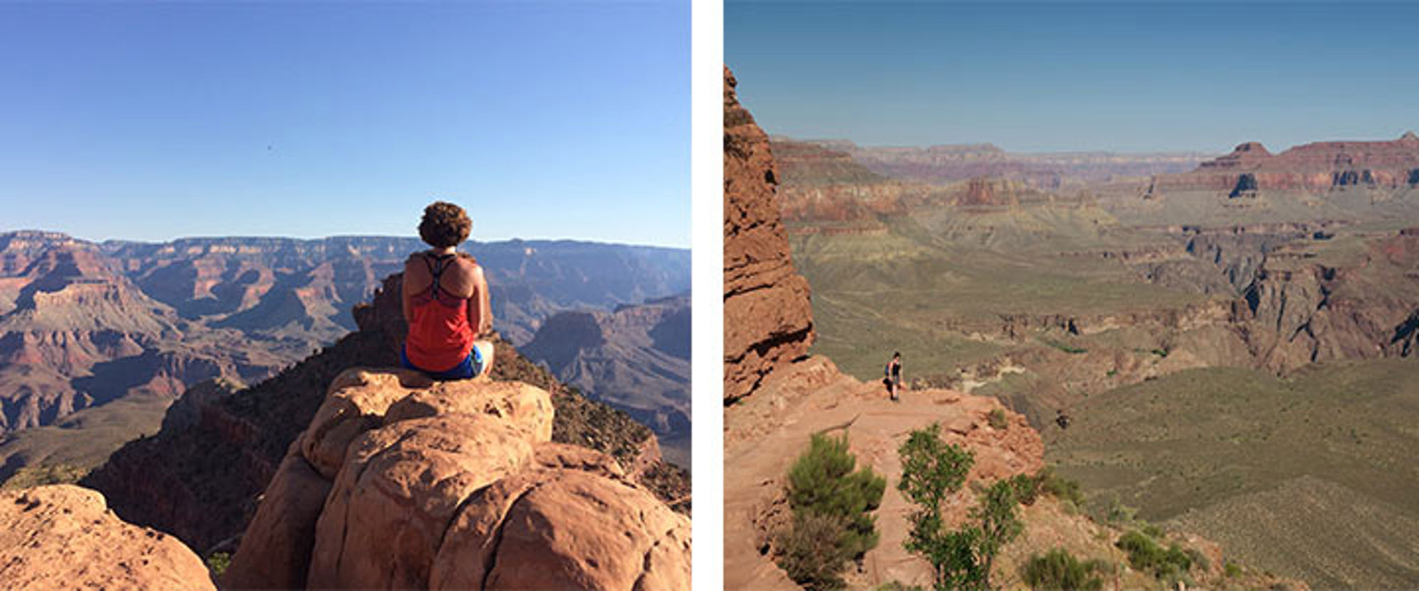 Wandelaar geniet van uitzicht over de Grand Canyon vanaf een rotsrand.