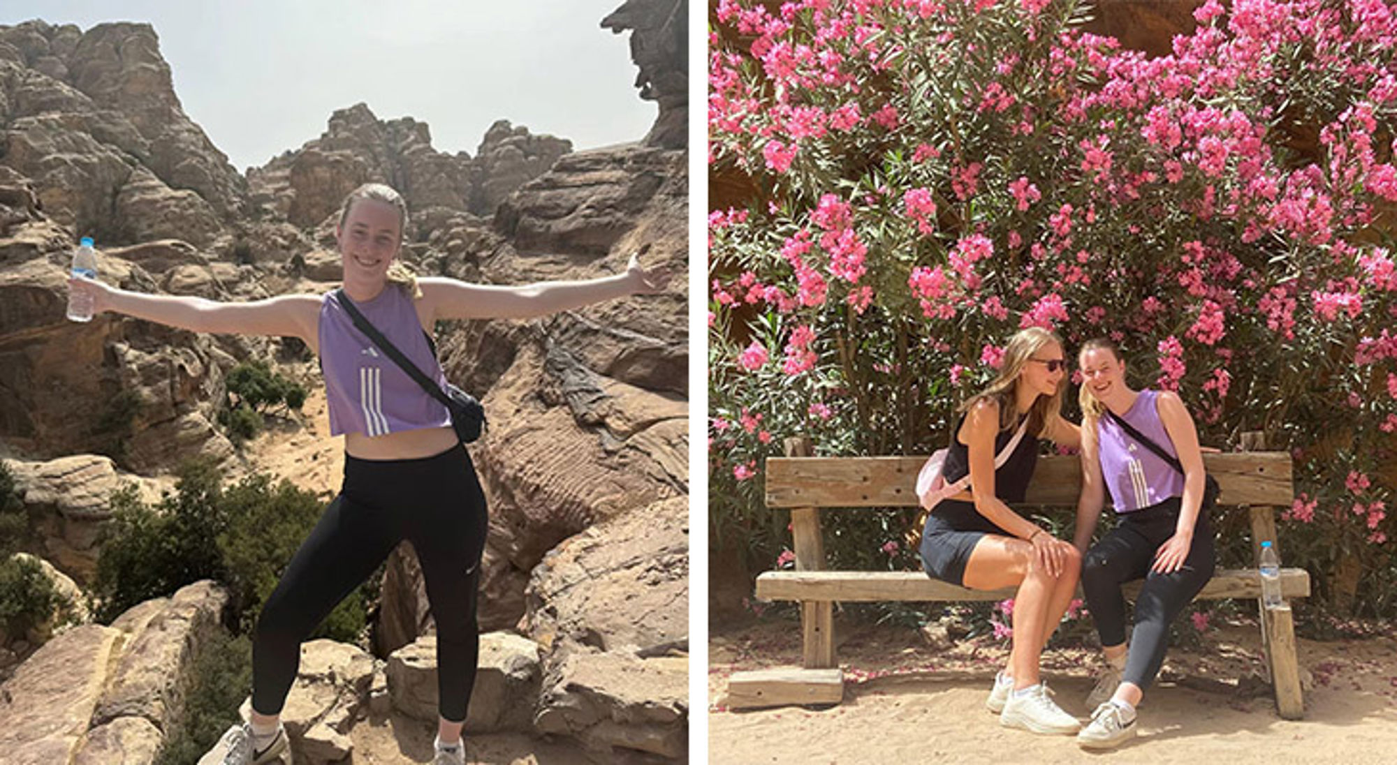 Vrouw poseert op rotsen en zit met vriendin op bankje bij roze bloemen tijdens reis.