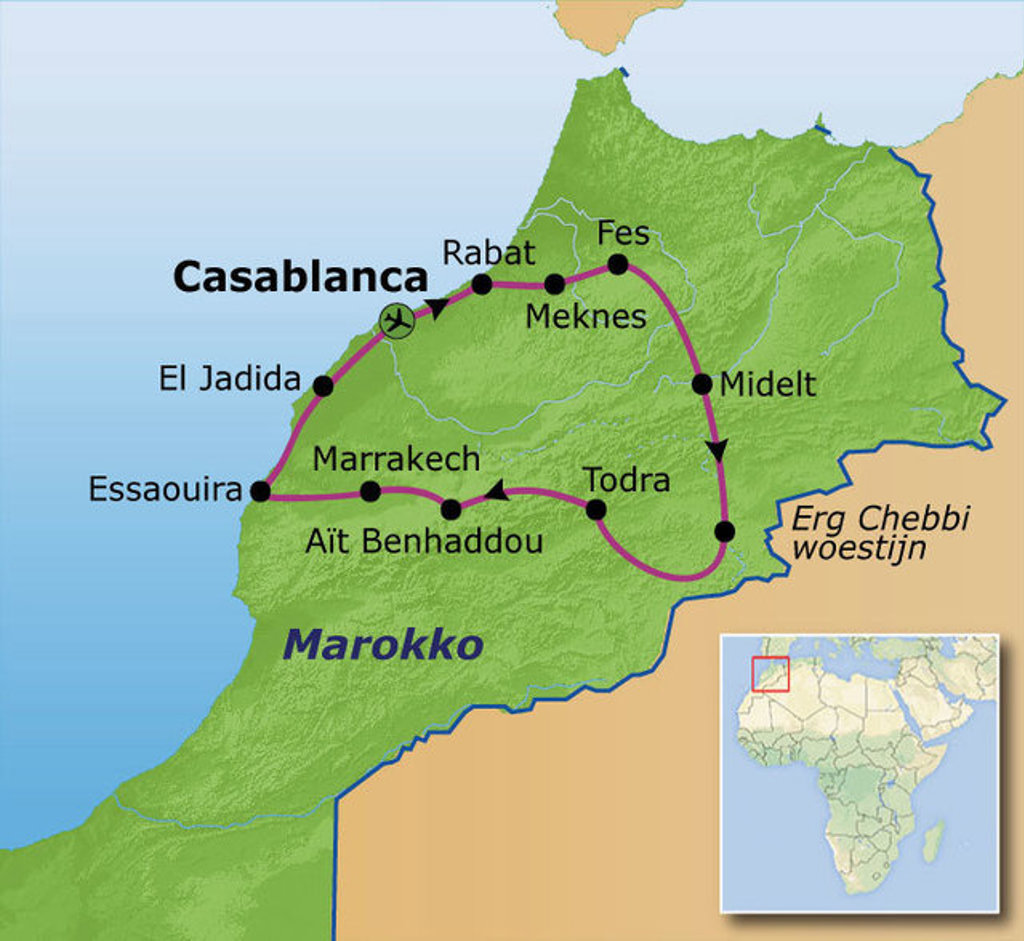 Routekaart Marokko met reisroute langs Casablanca, Rabat, Fes, Midelt, Todra, Marrakech, Essaouira en El Jadida.