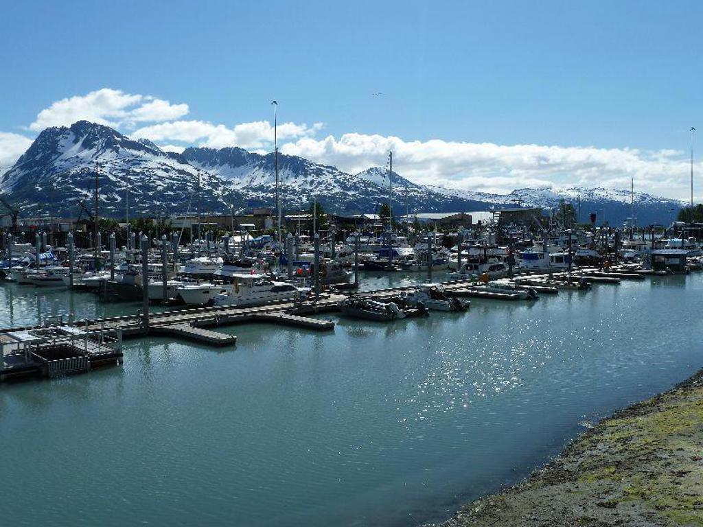 Uitzicht op een gletsjermeer met bergen in Alaska tijdens een kampeer- en hotelrondreis.