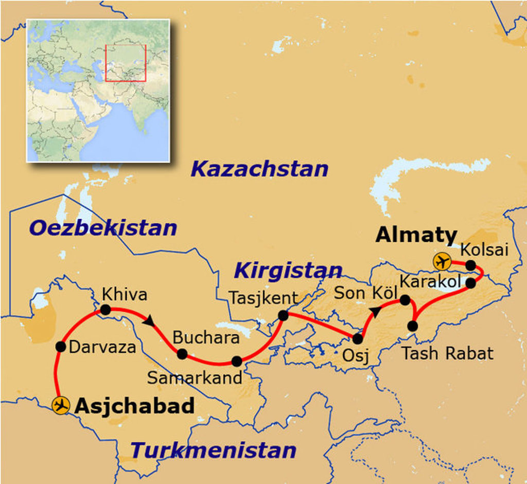 Routekaart Zijderoute rondreis van Asjchabad via Khiva, Buchara en Samarkand naar Almaty.