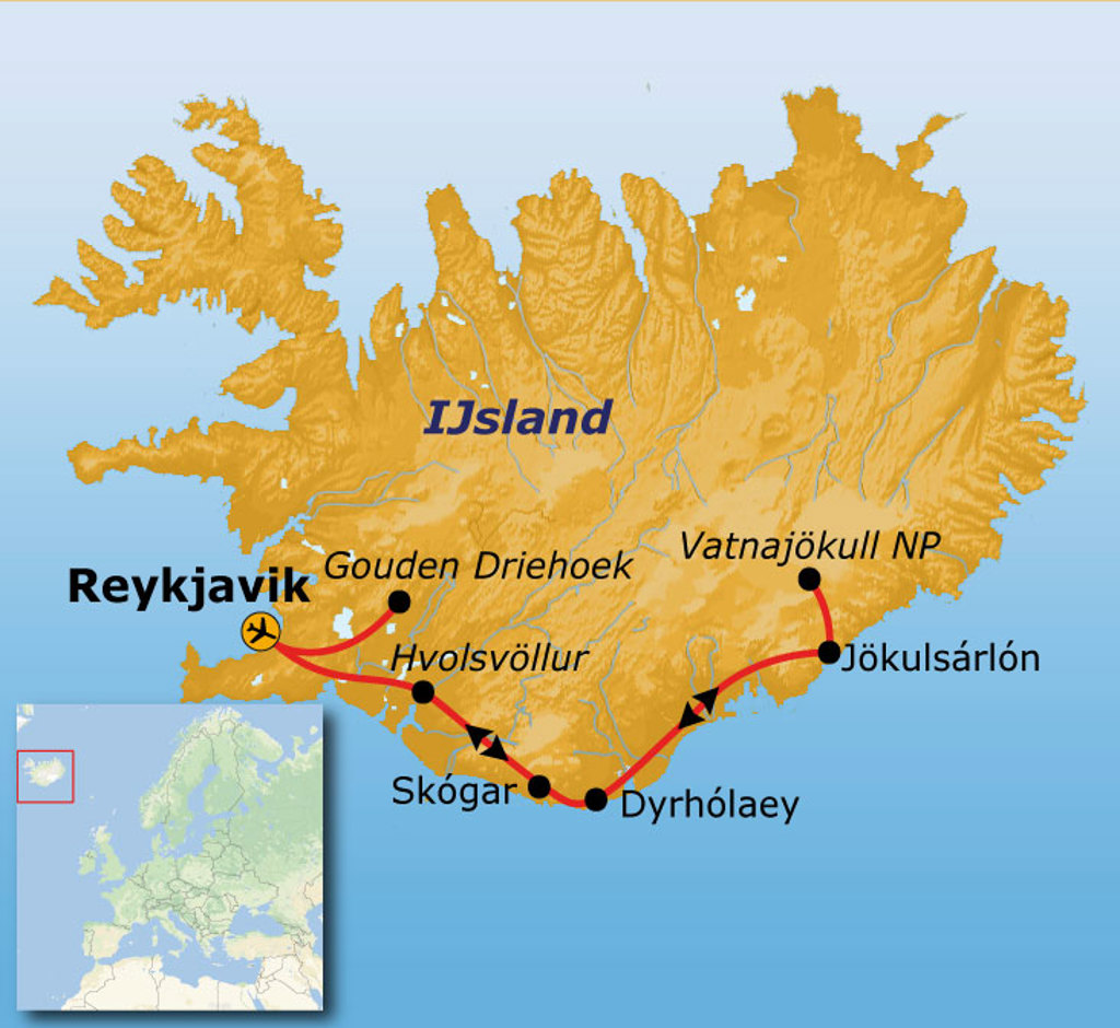 Routekaart IJsland met reisroute langs Reykjavik, Gouden Driehoek, Skógar, Dyrhólaey, Jökulsárlón en Vatnajökull NP.