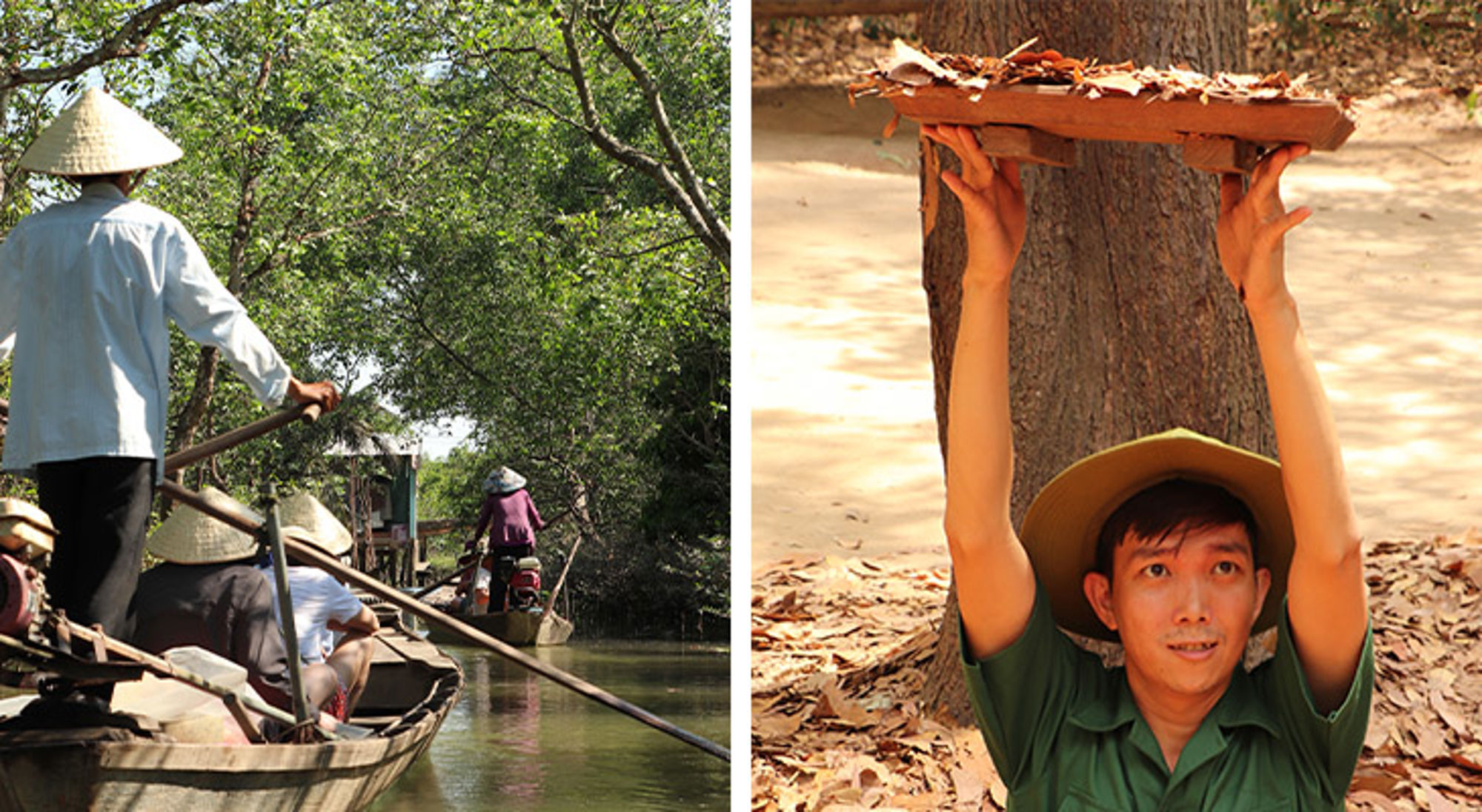 Mekong Delta Boottocht over een smalle rivier en een man met hoed die een houten plank boven zijn hoofd houdt.