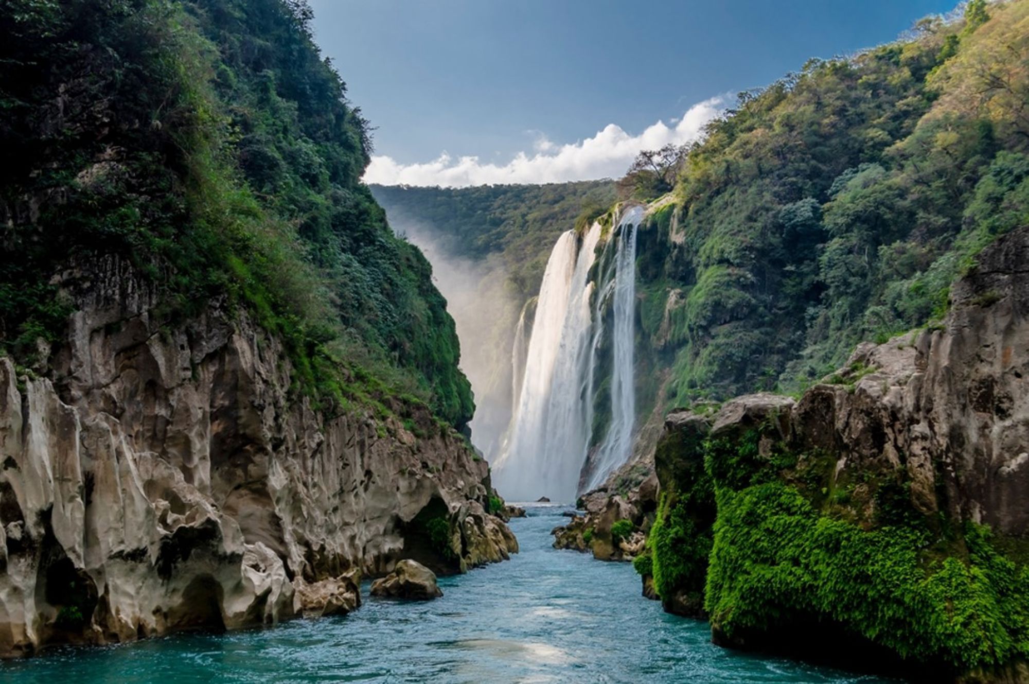 Waterval in een groene kloof met rivier, Mexico.