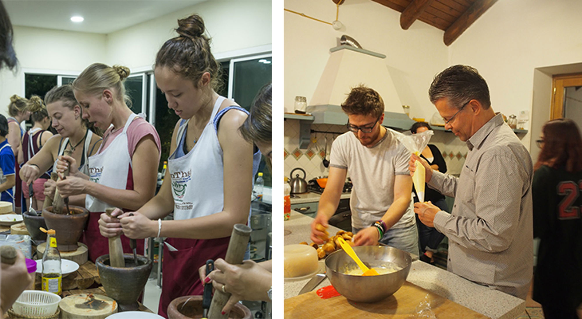 Kookworkshop met deelnemers die ingrediënten bereiden en mixen in een keuken.