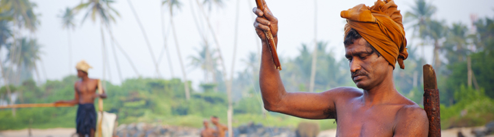 Paalvisser in Sri Lanka werpt zijn lijn uit vanaf een paal in zee, met palmbomen op de achtergrond.
