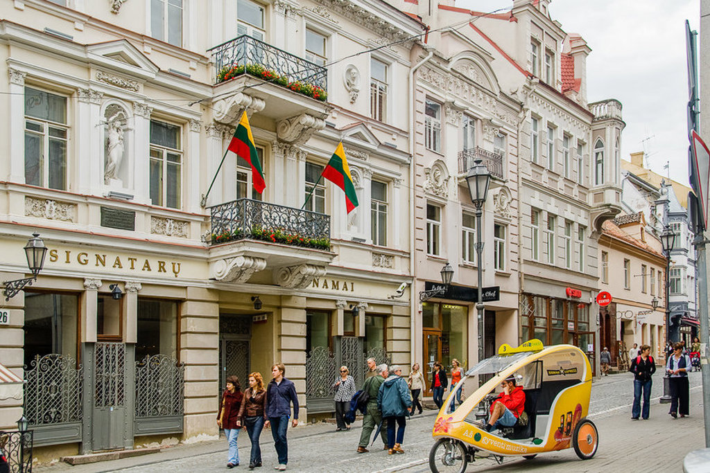 Straatbeeld in Vilnius met historische gevels, Litouwse vlaggen en voetgangers tijdens familiereis Polen en Baltische Staten.