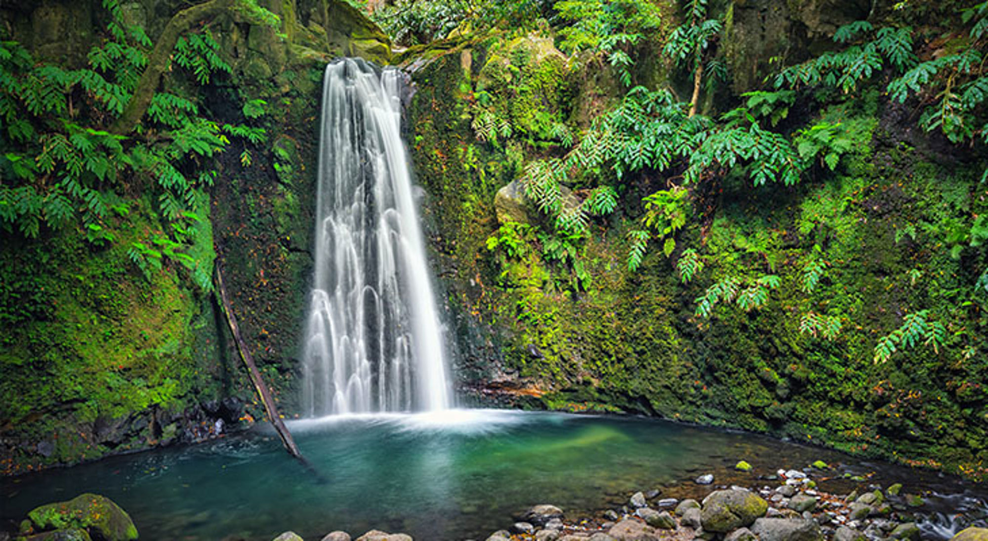 Azoren Waterval in een groen bos met helder water, ideaal voor wandelvakanties met Sawadee.