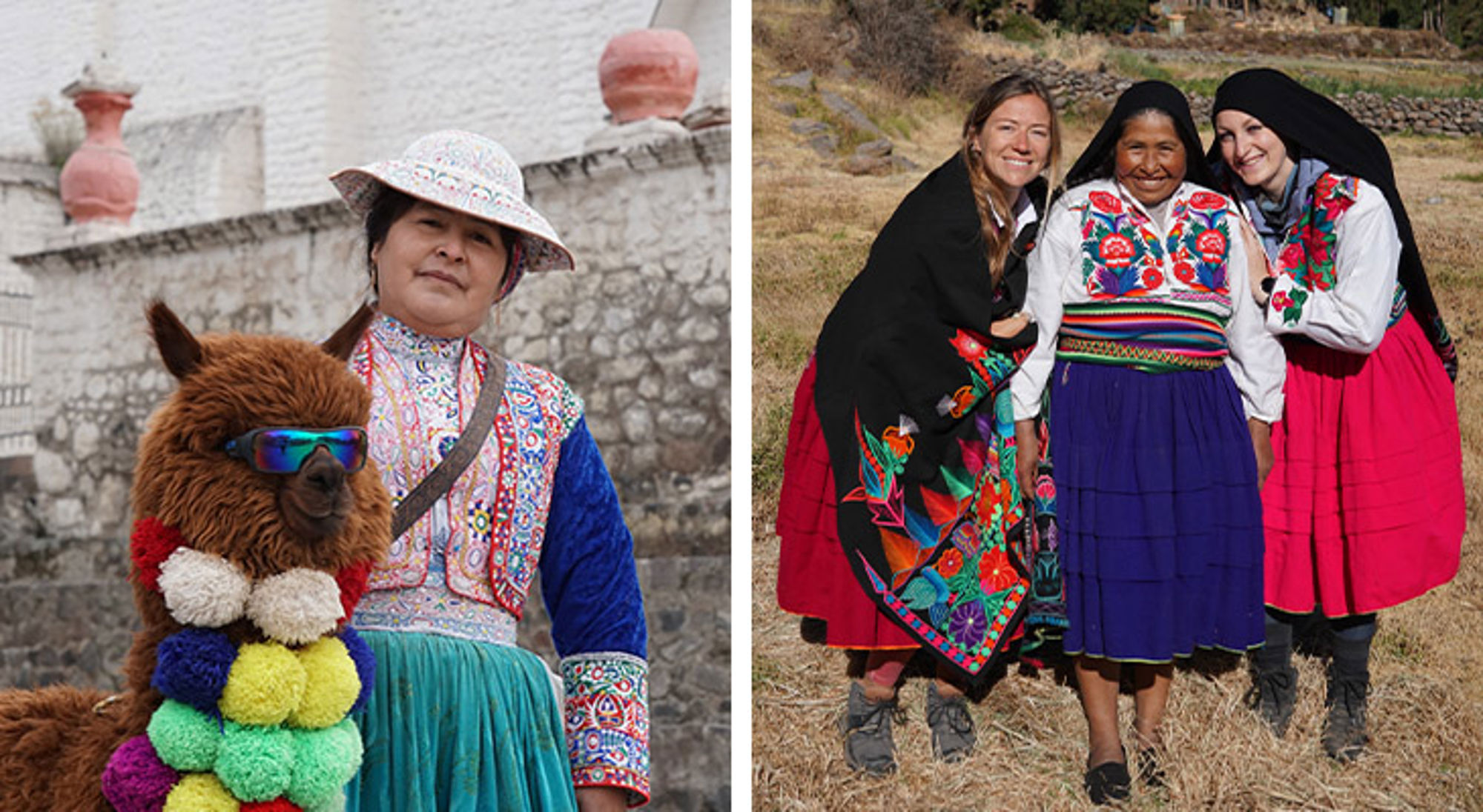 Locals Peru Vrouw in kleurrijke klederdracht met alpaca met zonnebril en drie vrouwen in traditionele jurken.