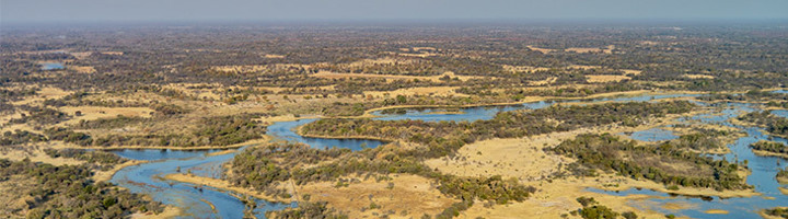 de Okavango Delta met kronkelende rivierarmen en moerasland in Botswana.