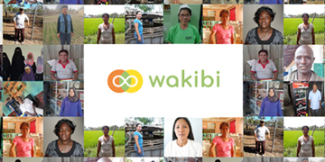 Wakibi-logo met collage van ondernemersportretten rondom, bij partnership met Sawadee.