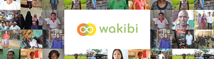 Wakibi-logo met collage van ondernemersportretten rondom, bij partnership met Sawadee.