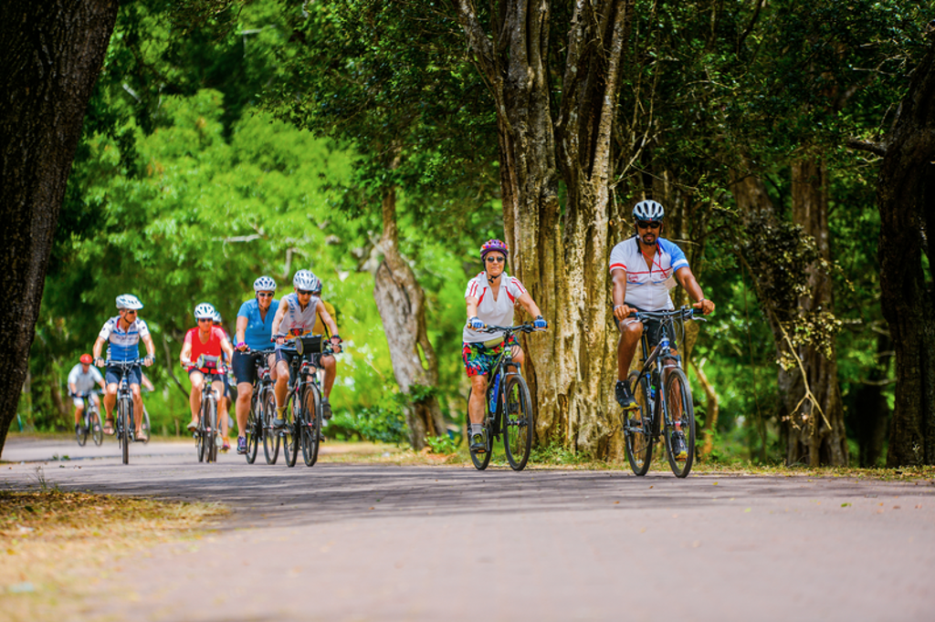 Groep fietsers tijdens een fietsvakantie in Sri Lanka op een weg door groen bos.
