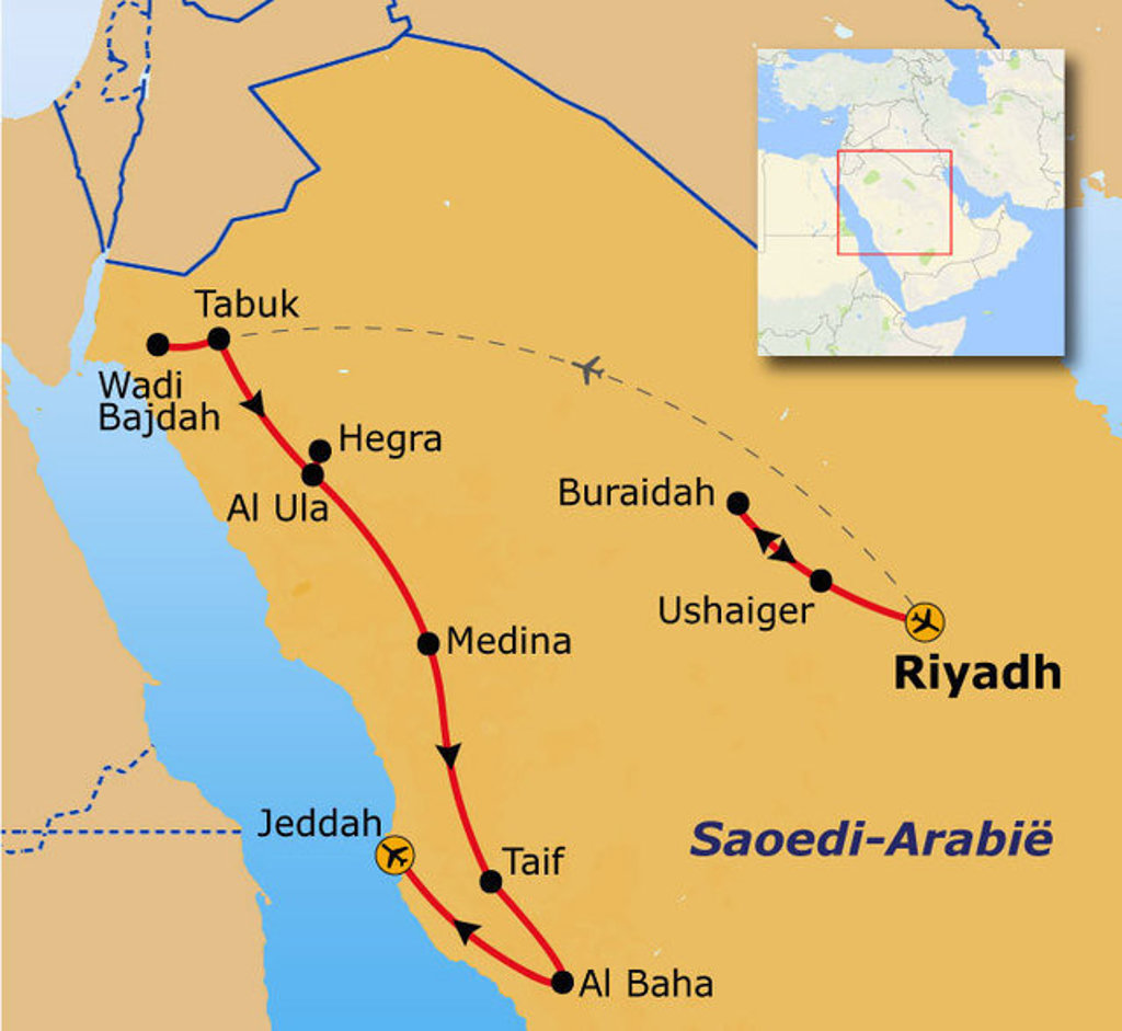 Routekaart Saoedi-Arabië met reisroute langs Riyadh, Buraidah, Medina, Al Ula, Tabuk, Jeddah en Al Baha.