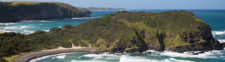 Groene kliffen en ruige kustlijn bij Coffee Bay aan de Wild Coast in Zuid-Afrika.