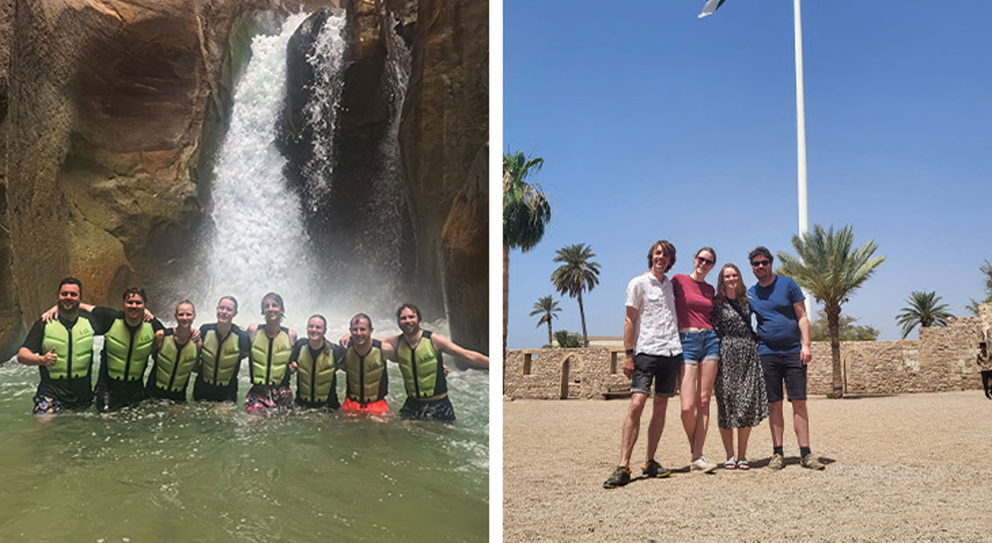 Groepsfoto’s: canyoning bij een waterval en vrienden bij palmbomen en een hoge vlaggenmast.