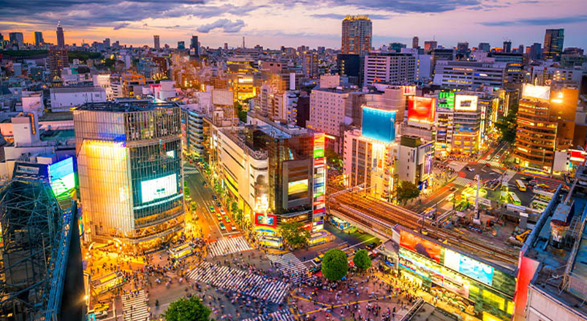 Tokio Japan Avondzicht op Shibuya Crossing in Tokio met verlichte billboards en druk stadsverkeer.