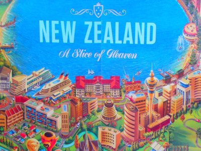 Illustratie van Auckland met skyline en haven, onderdeel van de Route Nieuw-Zeeland.