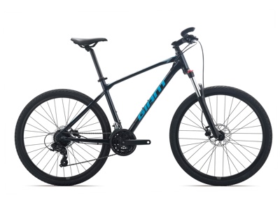Zwarte mountainbike met vering en schijfremmen, zijaanzicht.