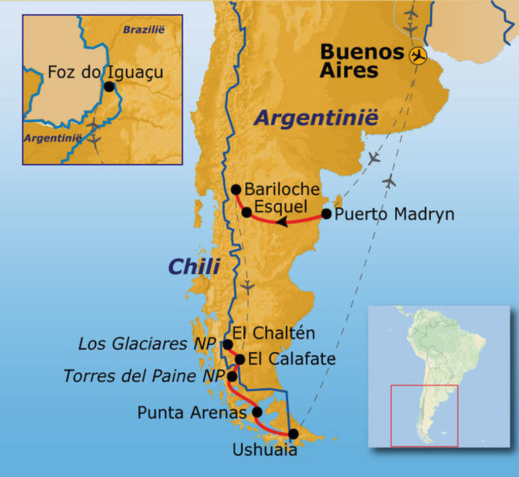 Route Patagonië met reisroute langs Buenos Aires, Bariloche, El Calafate, Torres del Paine en Ushuaia.