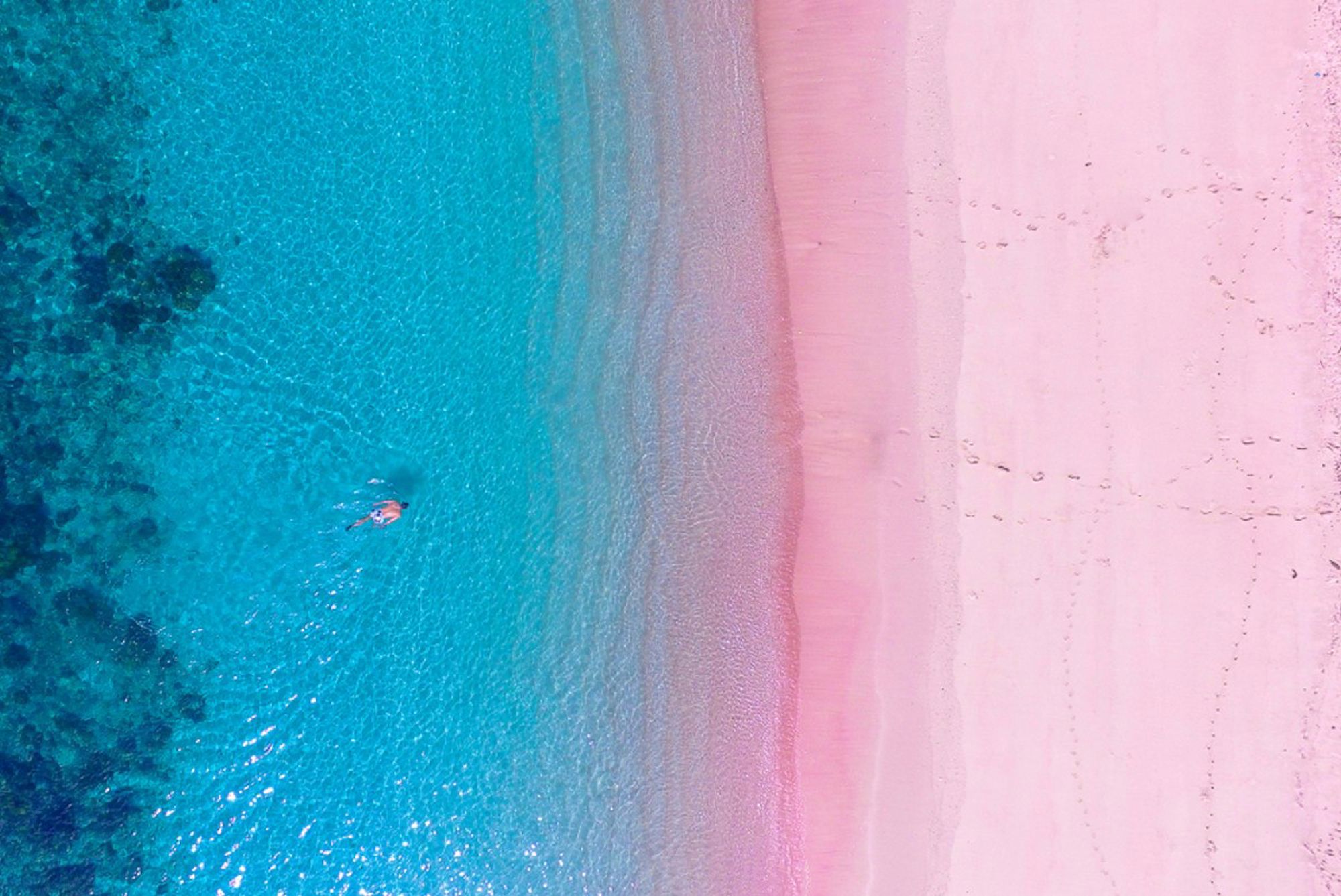 een roze zandstrand met helderblauw water in Indonesië.
