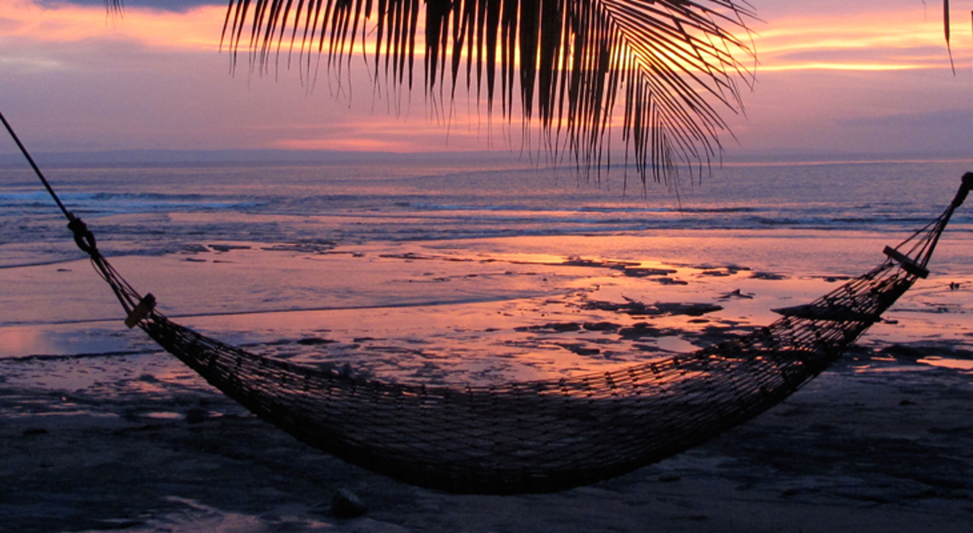 Hangmat op het strand bij zonsondergang, met palmtakken en rustige zee op de achtergrond.