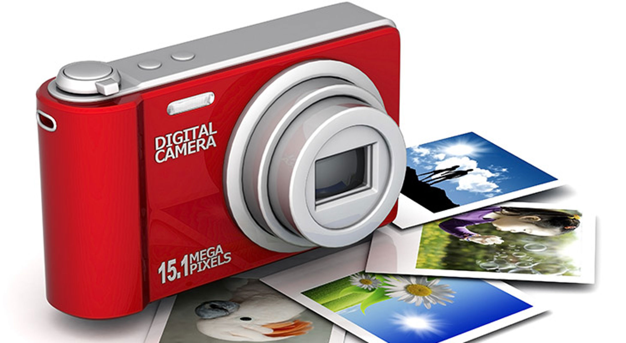 Rode digitale camera met stapel afgedrukte foto’s ernaast.