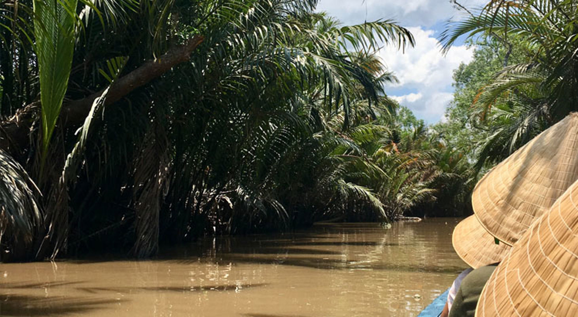 Boottocht Mekong Rivier Ben Tre Boottocht door een smalle rivier met palmbomen in de Mekongdelta, Vietnam.