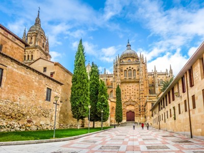 Kathedraal van Salamanca met plein en cipressen tijdens familiereis Spanje & Portugal, 22 dagen.