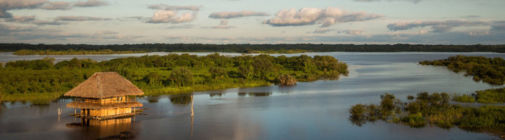 Houten huis op palen aan de rivier bij Iquitos, omringd door groen Amazonewoud.