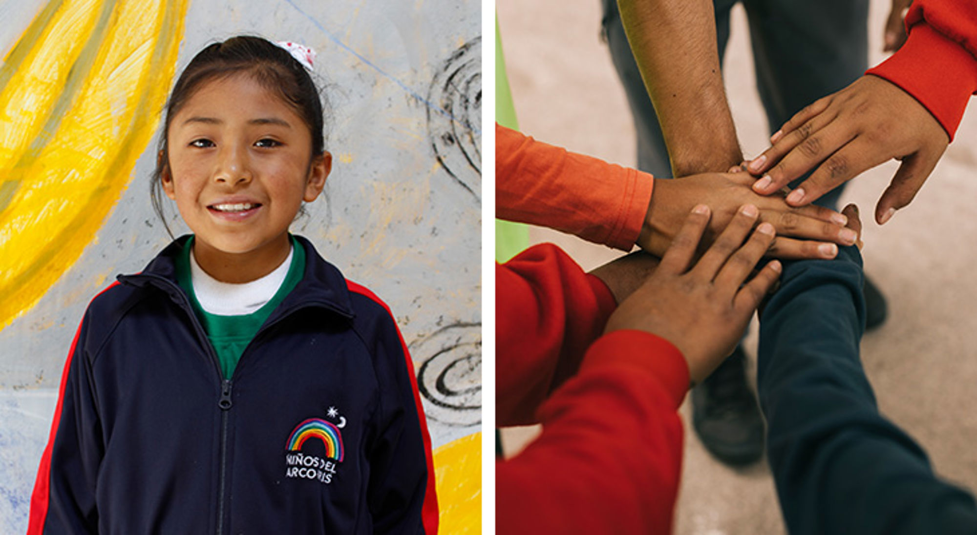 Niños del Arco Iris Lachend meisje in sportjack met regenbooglogo, naast handen die samen een teamgebaar maken.