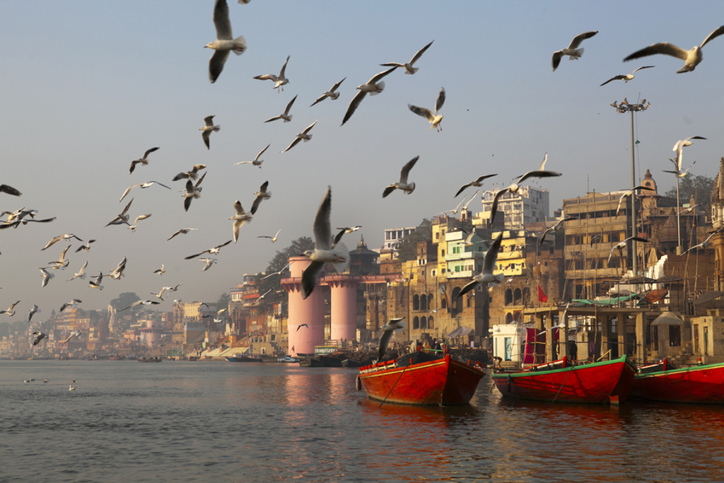 Rode boten op de Ganges in Varanasi, met meeuwen boven de ghats tijdens een 22-35ers reis India.