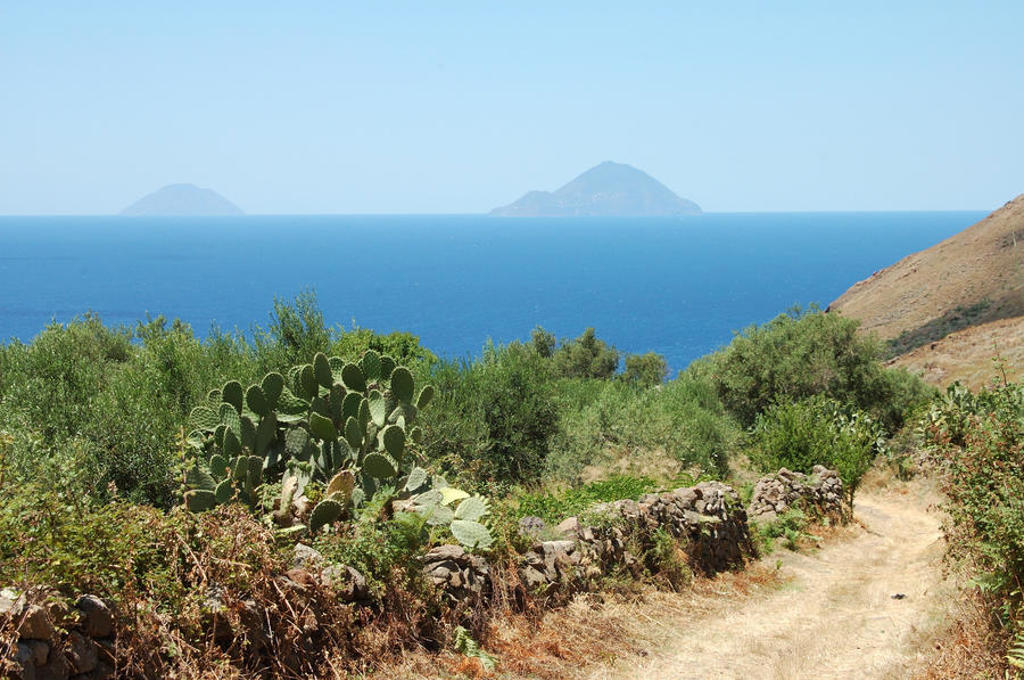 Wandelpad langs cactussen met uitzicht op de zee en de Eolische eilanden in West-Sicilië, Italië.