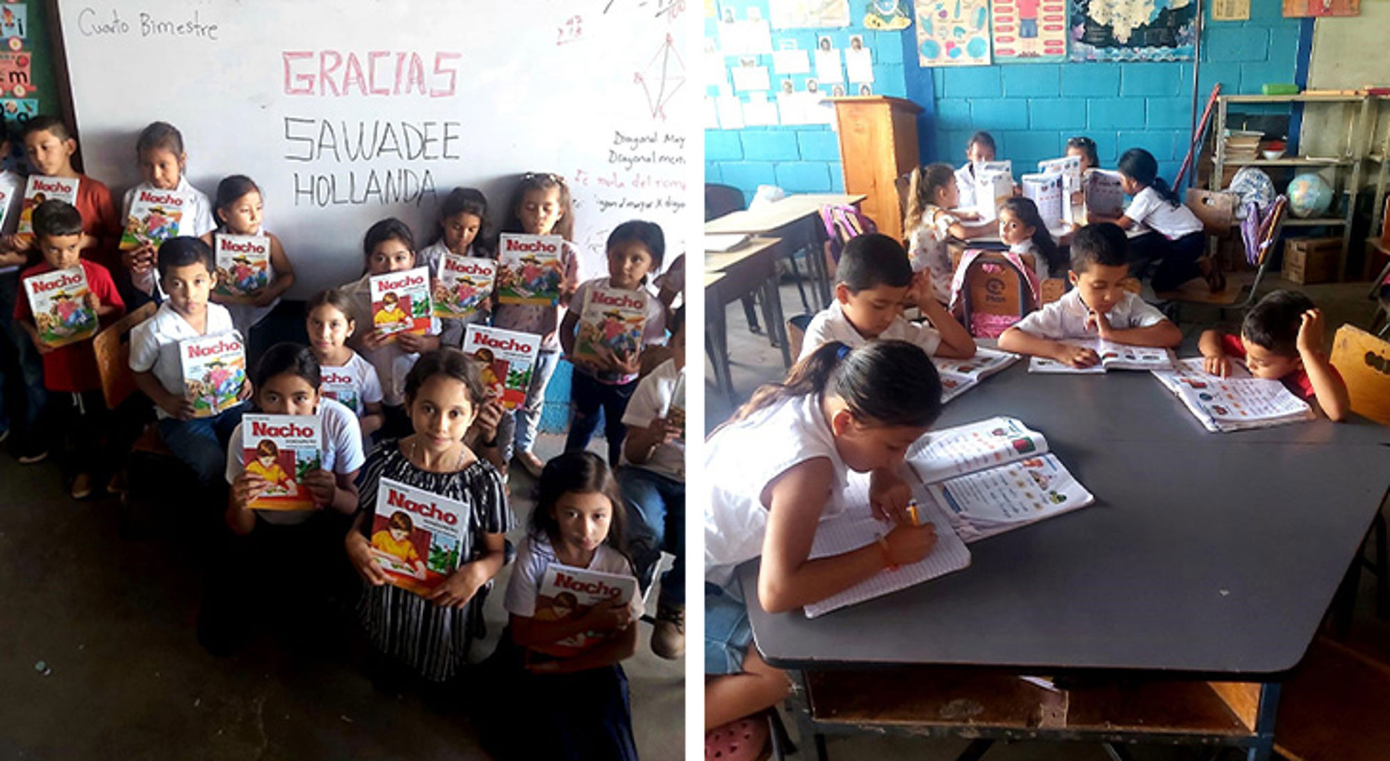 Donatie Nachos Para Todos Schoolkinderen in een klaslokaal met lesboeken en schrijfopdrachten, met op het bord “Gracias Sawadee Hollanda”.