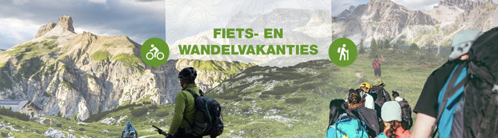 Wandelgroep in berglandschap, banner voor fiets- en wandelvakanties en wandelreizen.