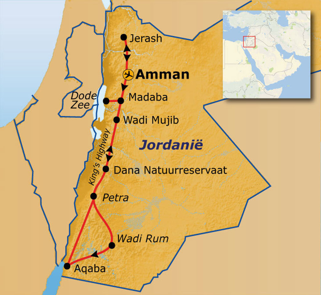 Routekaart Jordanië met reisroute langs Amman, Jerash, Madaba, Wadi Mujib, Dana, Petra, Wadi Rum en Aqaba.