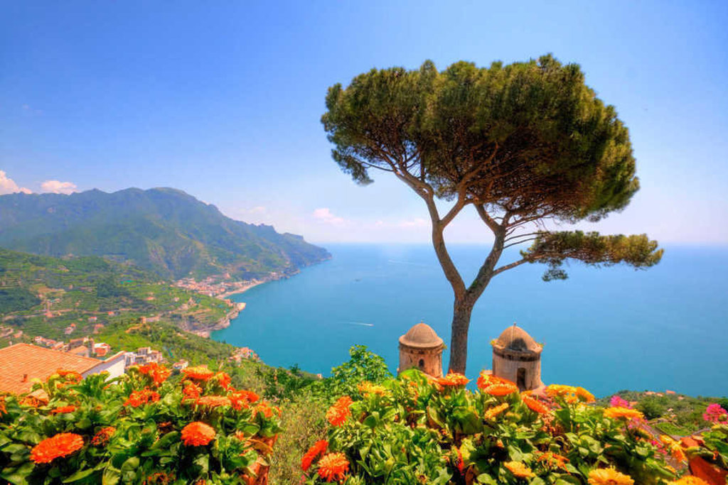 Uitzicht op de Amalfikust in Italië met zee, bergen en pijnboom vanaf een bloeiend terras.