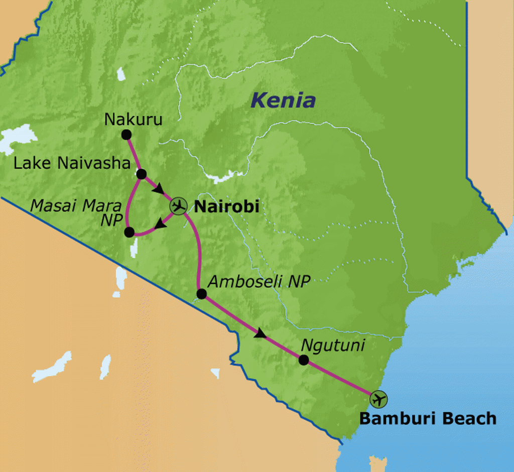Routekaart Kenia met reisroute langs Nairobi, Masai Mara NP, Lake Naivasha, Nakuru, Amboseli NP, Ngutuni en Bamburi Beach.