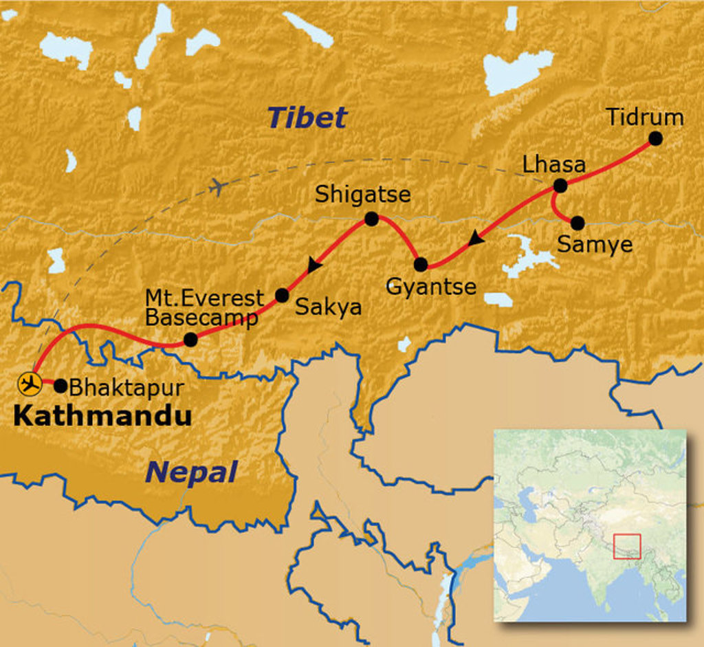 Routekaart Tibet en Nepal met reisroute via Lhasa, Shigatse, Gyantse, Sakya, Mt. Everest Basecamp en Kathmandu.