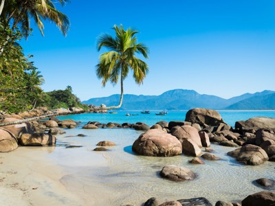 Tropisch strand in Brazilië met palmbomen, rotsen en helderblauw zeewater.