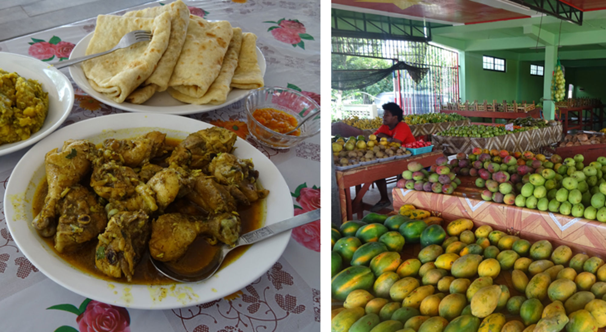 Kipcurry met roti op tafel en kleurrijke fruitmarkt met mango’s en papaja’s.