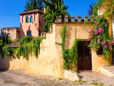 Bloemen en klimplanten langs een smalle straat in Granada, Andalusië.