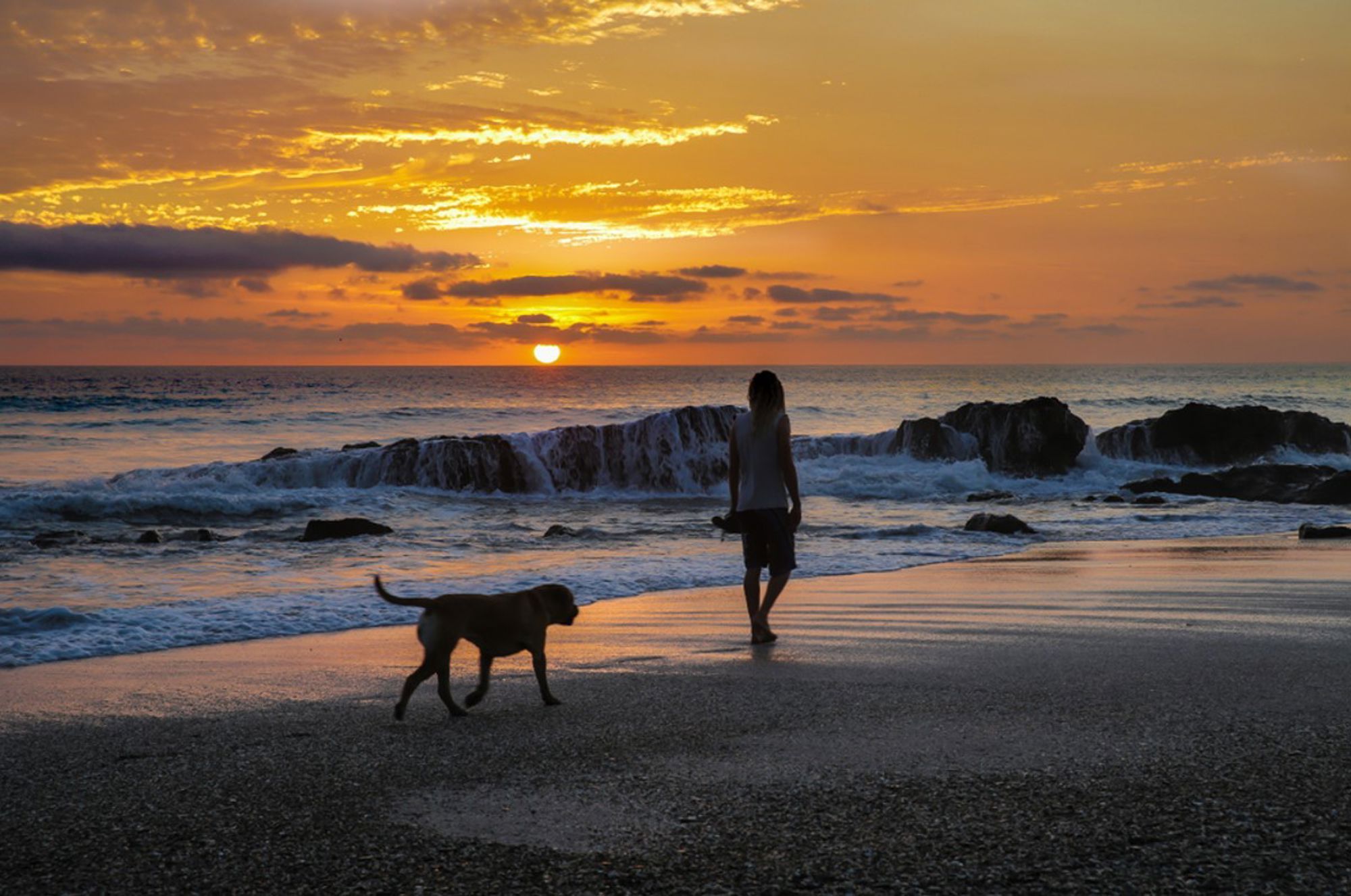 Zonsondergang op een strand in Costa Rica met een wandelende vrouw en hond langs de branding.
